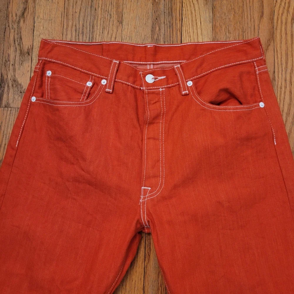 Levis 34x32 Jeans Orange Red Straight Leg White Contrast Stitch 501 Retro 90s